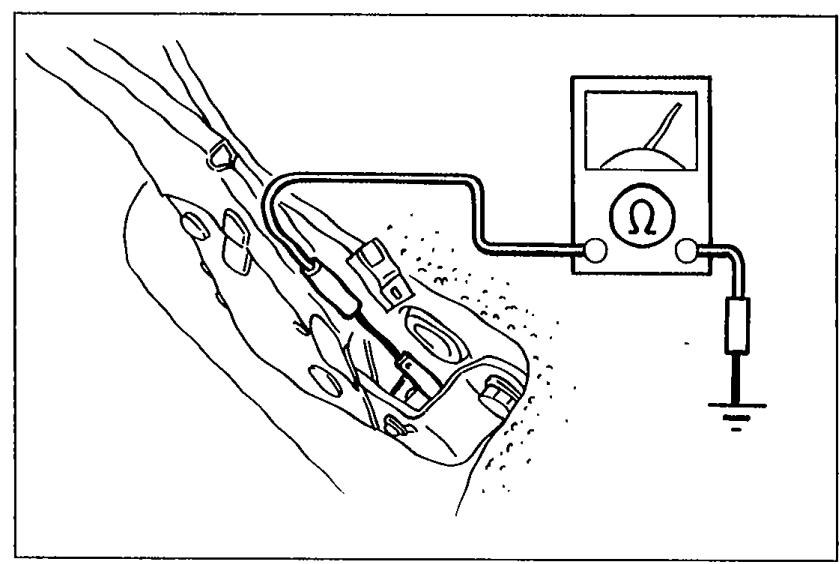 Photo of the parking brake switch with multimeter leads connected to the switch terminal and a body ground for continuity testing.