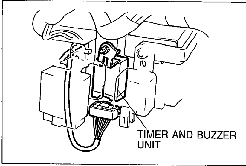 Photo of the timer and buzzer unit installed behind the instrument panel, labeled 'TIMER AND BUZZER UNIT', illustrating the Remedy steps.