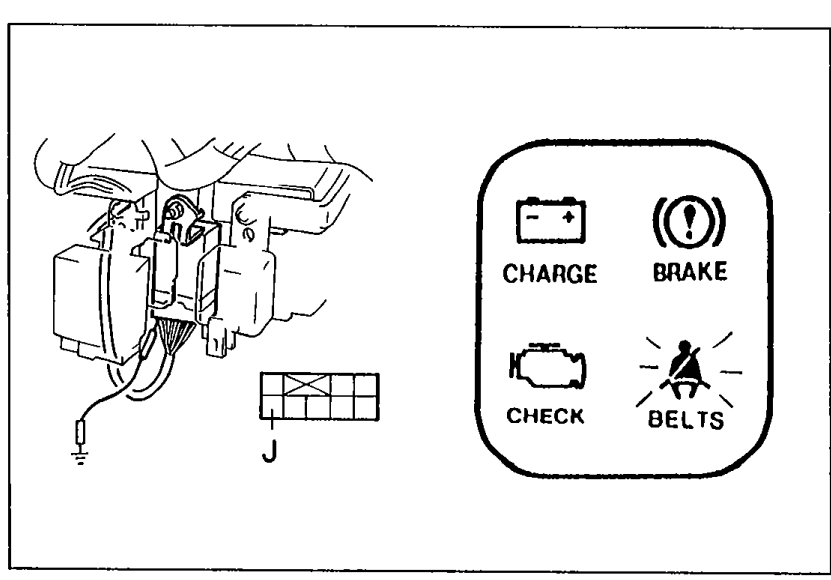 Diagram showing the timer and buzzer unit connector with a ground jumper applied to terminal J, alongside instrument cluster icons (CHARGE, BRAKE, CHECK, BELTS) indicating which warning lamps should illuminate. Illustrates Step 1.
