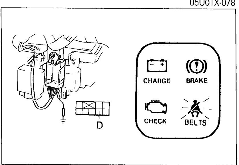 Diagram showing the timer and buzzer unit connector with a ground jumper applied to terminal D, alongside instrument cluster icons (CHARGE, BRAKE, CHECK, BELTS). Illustrates Step 2.