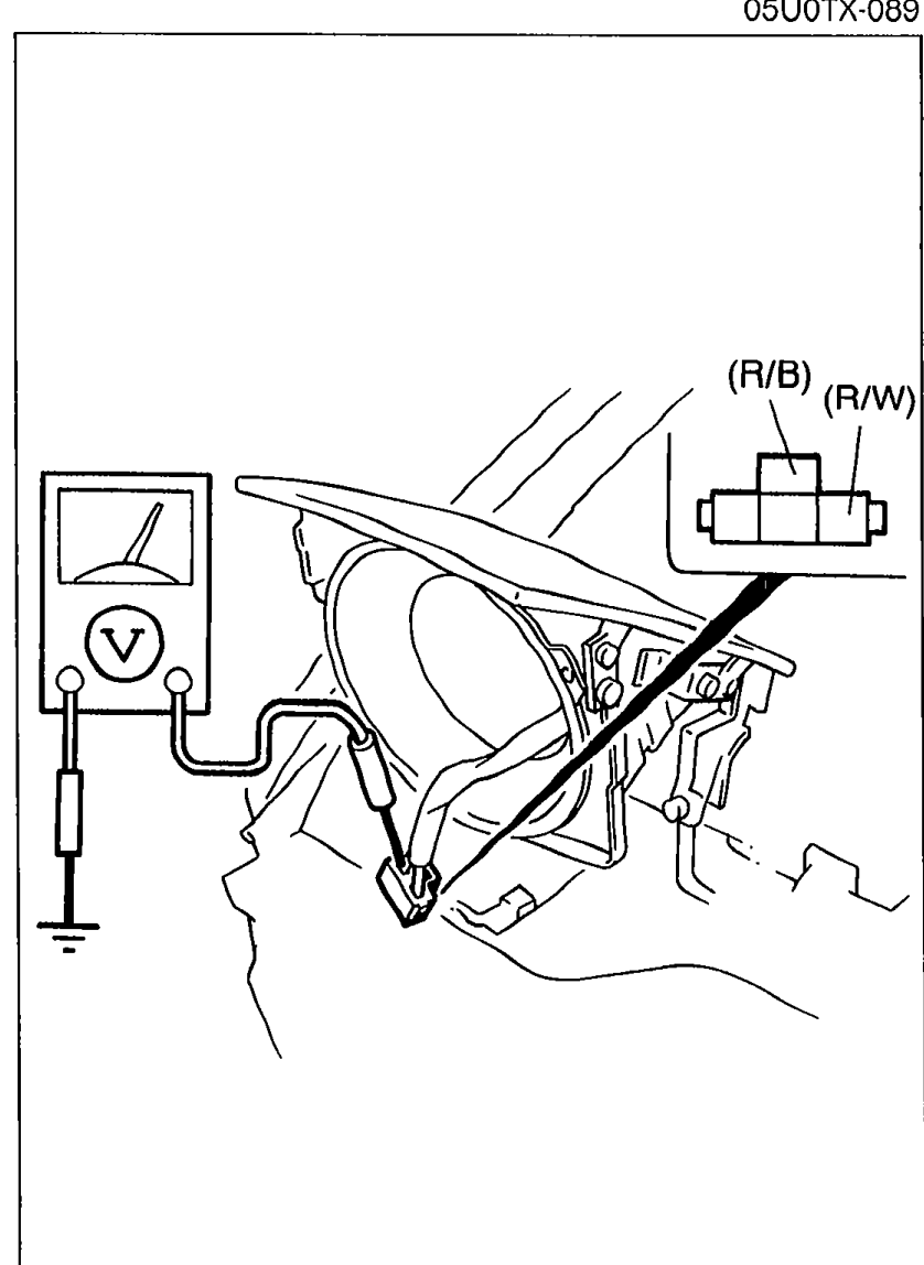 Photo + connector diagram for Step 5. Voltmeter ground lead clipped to body, probe applied to the headlight connector with terminals (R/B) and (R/W) labeled. Headlight assembly visible with retractor mechanism.