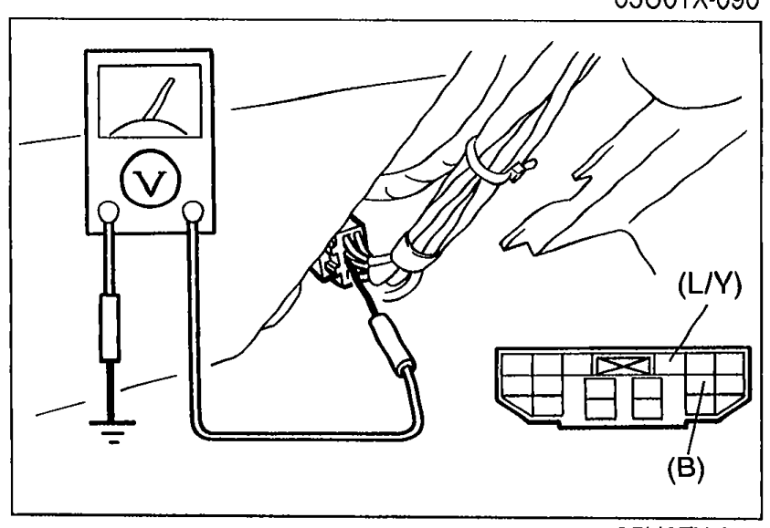 Photo + connector diagram for Step 6. Voltmeter probing the headlight switch connector in the combination switch; pinout shows (L/Y) and (B) terminals.