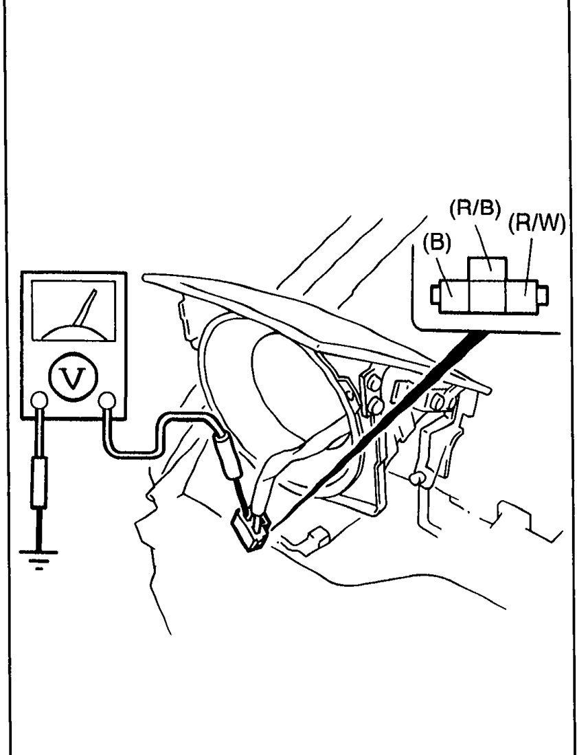 Photo + connector diagram for Step 3. Voltmeter ground clipped to body, probe applied to the disconnected headlight connector; connector pinout shows terminals (R/B), (R/W) and (B).