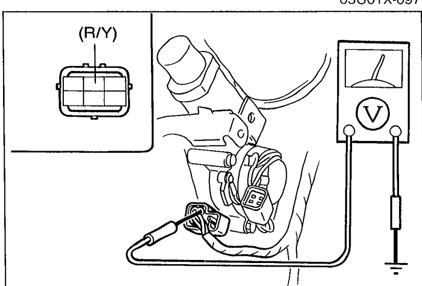 Voltmeter test setup at the retractor motor connector. The disconnected connector is shown at top-left with the (R/Y) wire callout, and a voltmeter is connected to the harness side. Illustrates Step 2 voltage measurement.