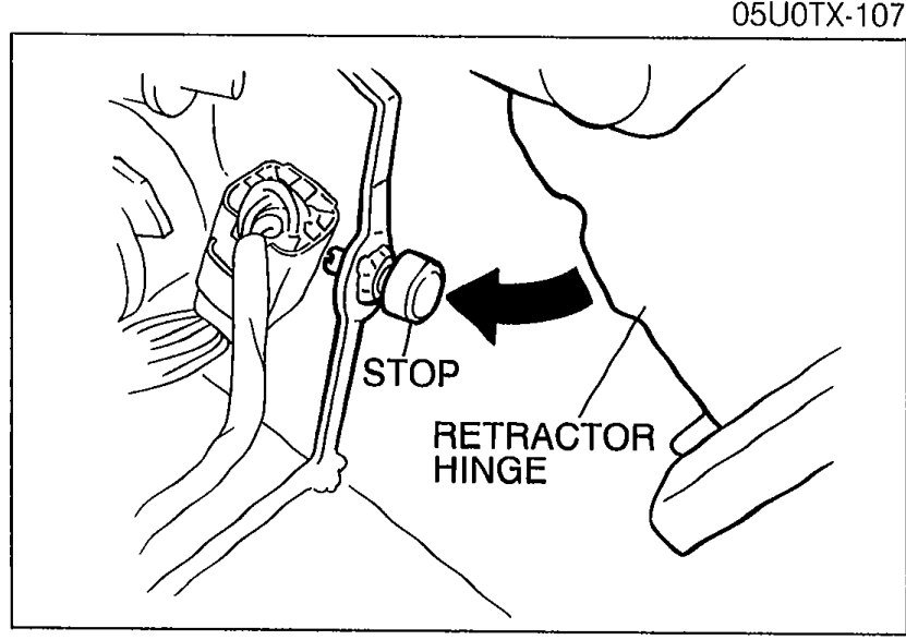Retractor hinge area shown with an arrow pointing to the stop. Callouts label 'STOP' and 'RETRACTOR HINGE'. Illustrates Step 4 — lower the retractor hinge until it is stopped by the stop.
