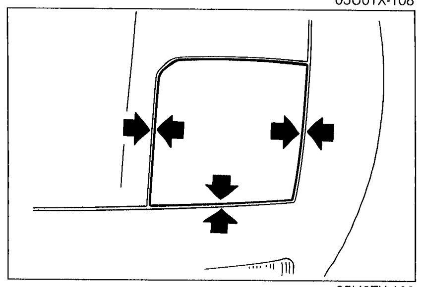 Top view of the headlight lid showing arrows pointing inward from three sides indicating flush alignment of the lid with the fender and hood. Illustrates Step 5 — adjust the stop so the lid is flush.