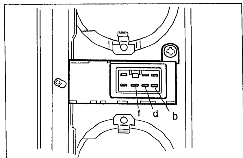 Retractor switch removed from instrument panel, viewed from connector side. Terminal letters c, d, b are visible on the switch connector. Illustrates Step 2 — continuity check between switch terminals.