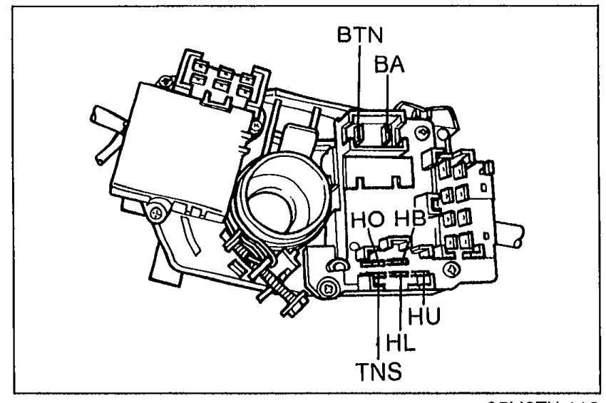 Combination headlight switch (Canada spec.) viewed showing terminal callouts BTN, BA, HB, HU, HL, TNS, HO at the connector. Illustrates continuity check between switch terminals.