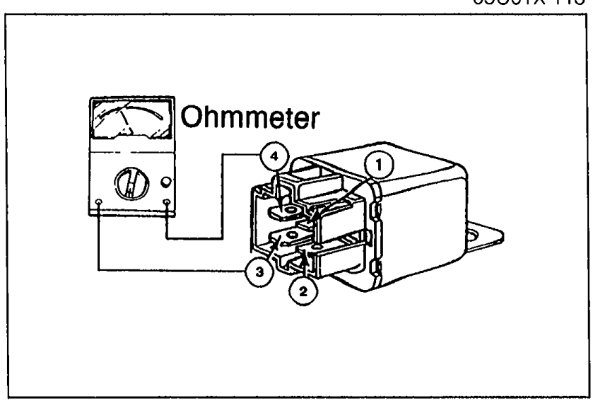 Ohmmeter connected across terminals 3 and 4 of the headlight relay. Illustrates Step 1 — continuity check between terminals 3 and 4 with no power.