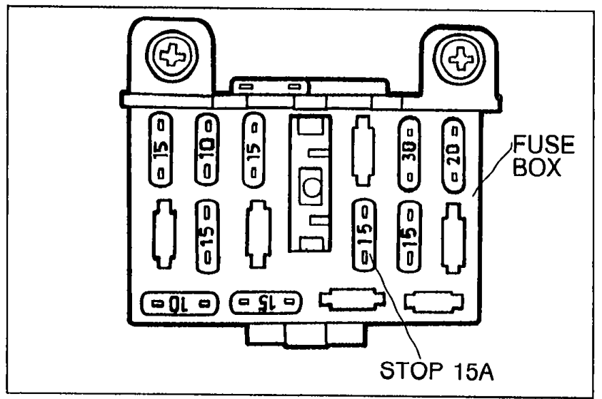 Illustration of the FUSE BOX showing the fuse layout with the STOP 15A fuse highlighted by an arrow at the bottom-right of the fuse box. Label 05U0TX-120.