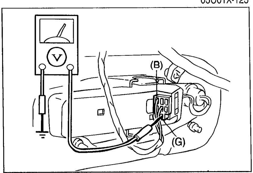 Voltmeter probing the stoplight connector terminals (B) and (G) with the brake pedal depressed. Shows wiring at the stoplight housing.