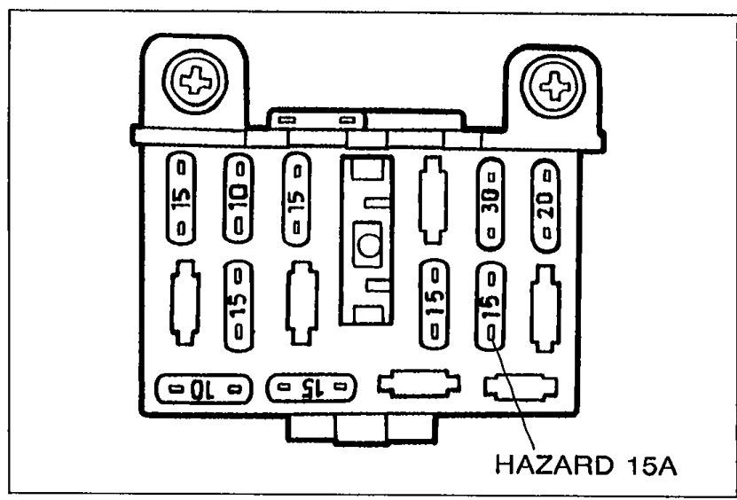 Photo of the fuse box with the HAZARD 15A fuse identified by a callout arrow.