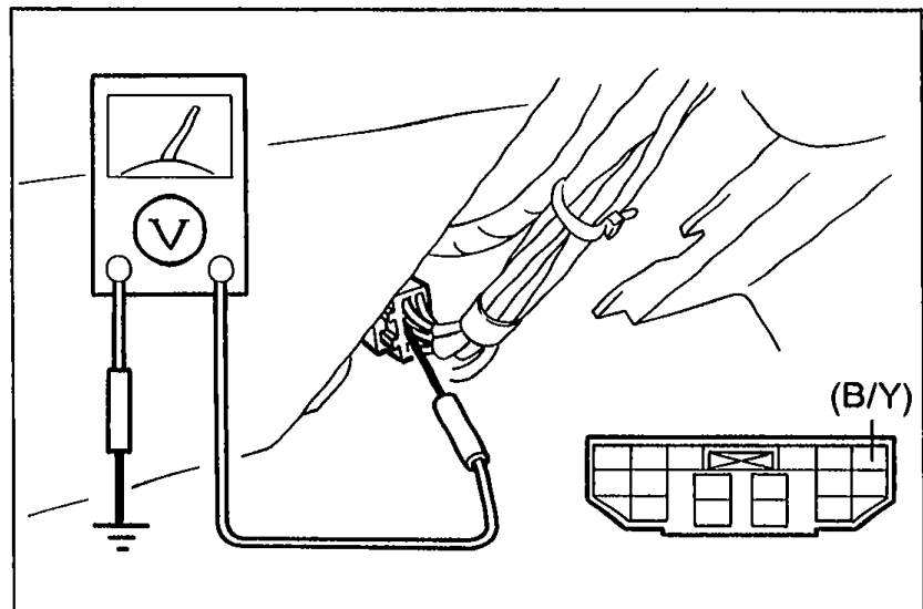 Voltmeter probing the turn-signal switch connector at terminal-wire (B/Y).