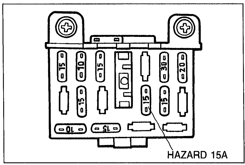 Photo of the fuse box with HAZARD 15A fuse identified by a callout arrow.