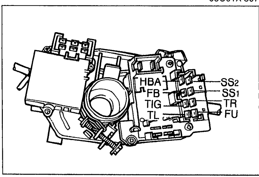 Photo of the column-mounted turn signal switch with its multi-pin connector. Terminal labels visible: HBA, FBA, TIG, SSa, SSb, TR, TL, FU.