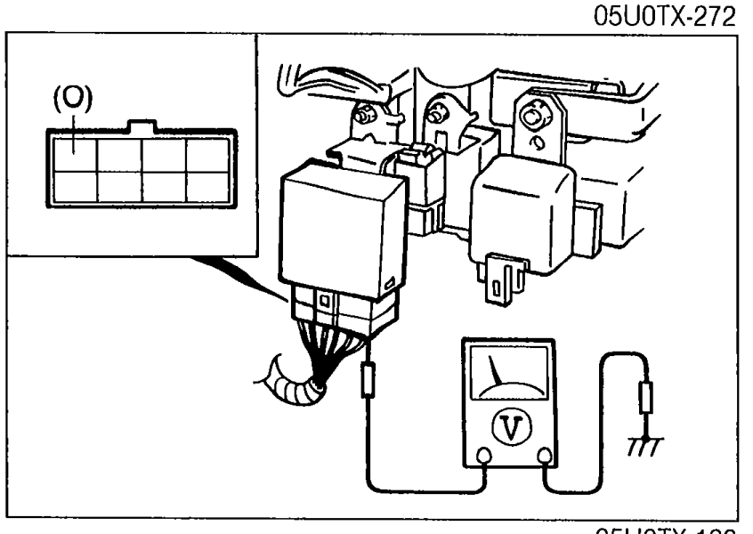 Voltage measurement at the turn and hazard flasher unit connector; voltmeter probes the wire (O) terminal on the flasher unit relay.