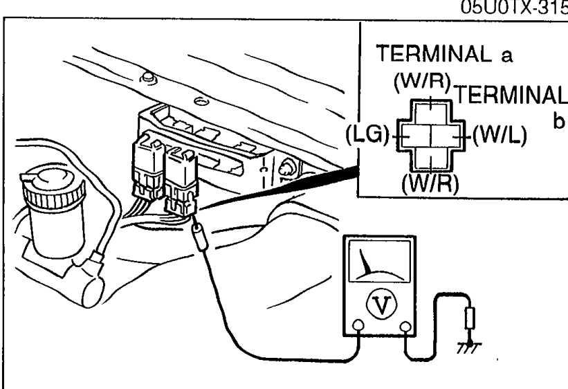 Voltmeter connected to TNS relay connector with terminal callouts. Shows TERMINAL a and TERMINAL b on the connector with wire colors (W/L) and (W/R) (and LG marked nearby).