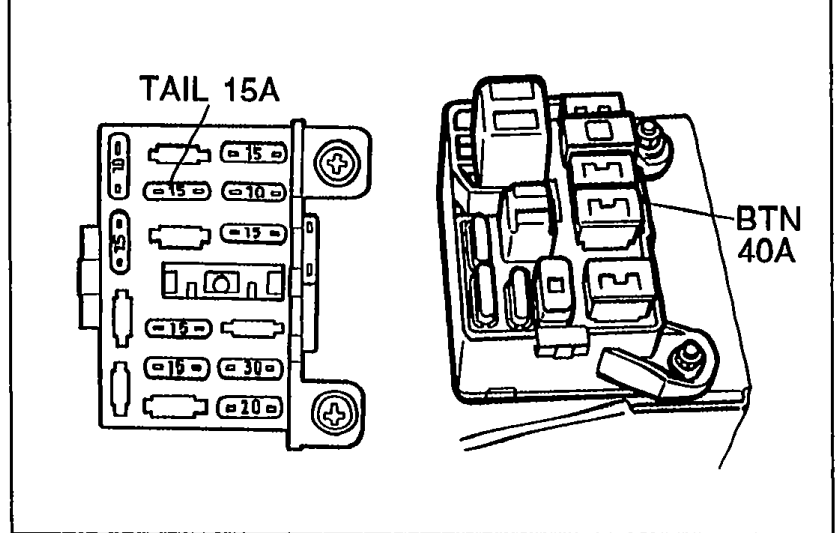 Fuse block with TAIL 15A fuse labeled at the upper left and BTN 40A labeled in the center of the block (for the Canada spec).
