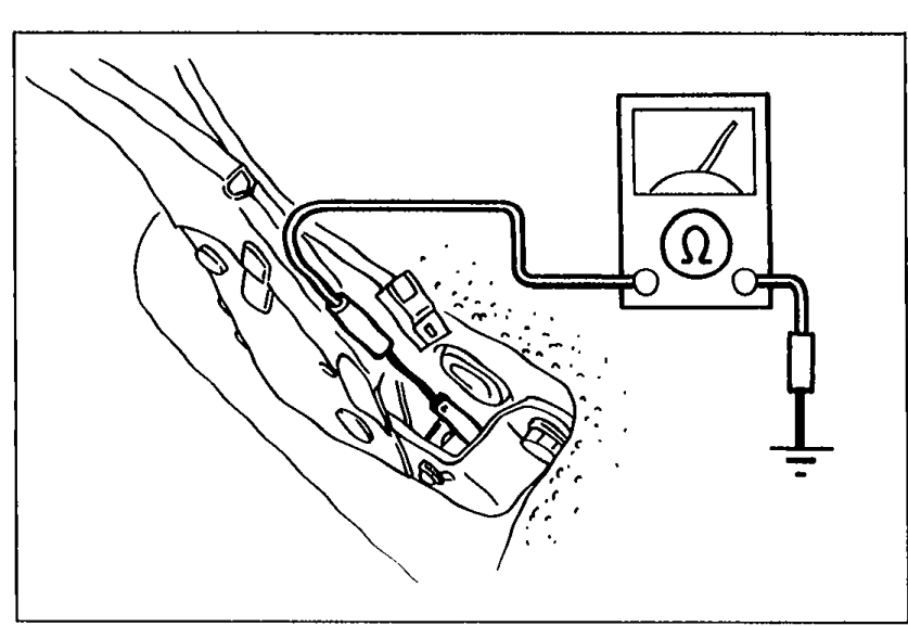 Illustration showing the parking brake lever with the parking brake switch connector being disconnected and a continuity tester applied between the switch terminal and body ground.