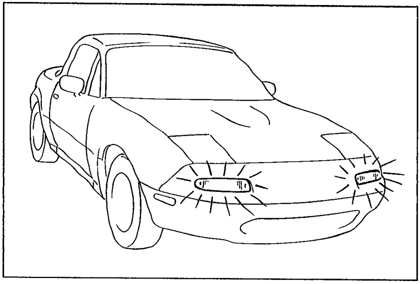Three-quarter front-left illustration of the MX-5 vehicle, used as the visual reference for Step 1 (verifying DRL cancellation by operating various switches).