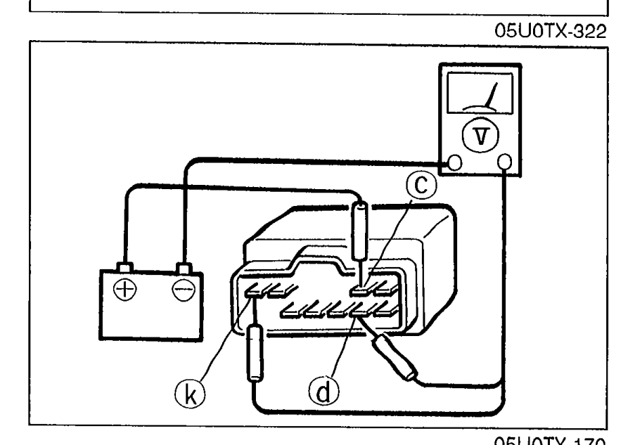 DRL unit bench test for Step 1: 12V applied to terminal c (via battery, in addition to j/i grounding), voltmeter measures terminals d and k.