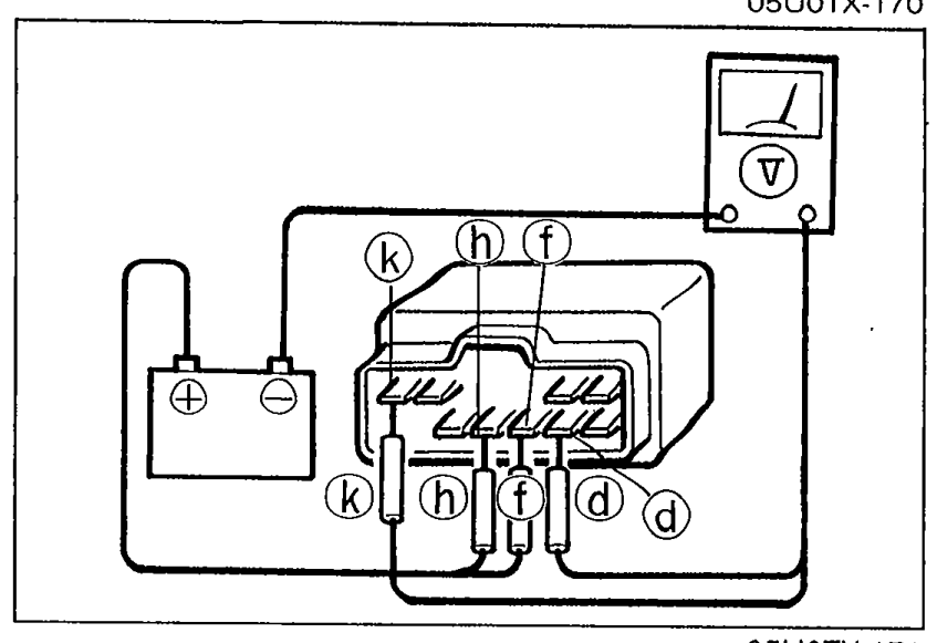 DRL unit bench test for Step 4: 12V applied to terminals f and h; voltmeter probes terminals d and k.