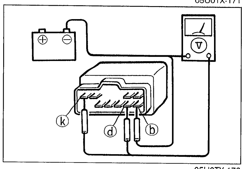 DRL unit bench test for Step 7: 12V remains on j, terminal b is grounded, voltmeter checks terminals d and k.