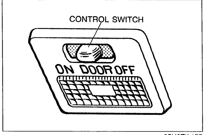 Interior lamp control switch with three positions labelled ON / DOOR / OFF; lens visible below the switch (Step 1 verification).