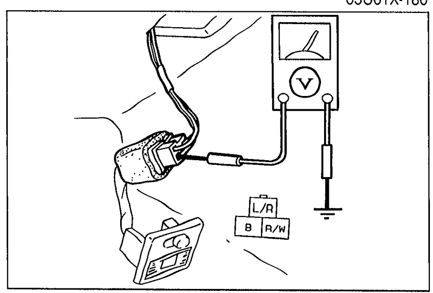 Interior lamp connector test setup with voltmeter probes connected to terminal-wires (L/R) and (B) of the interior lamp connector. Shows connector pin layout with L/R and B terminals.