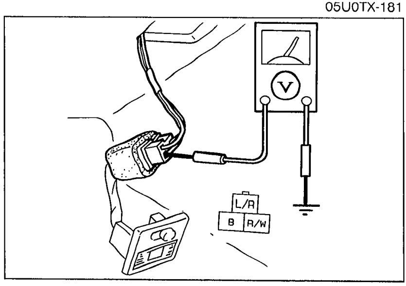 Interior lamp connector voltage check with voltmeter probes on terminal-wire (R/W). Connector shows L/R and B terminal labels.