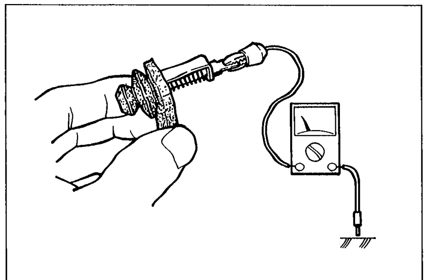 Door switch component held in hand with voltmeter probes attached for continuity testing — illustrating Step 1.