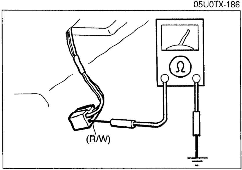 Interior lamp connector continuity test setup with ohmmeter probes on terminal-wire (R/W) and body ground.