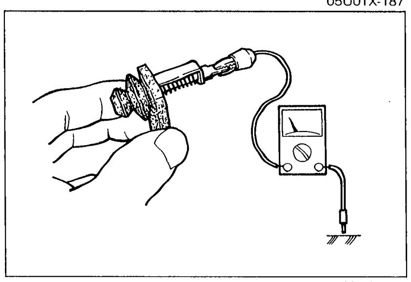 Door switch held in hand with voltmeter probes for continuity inspection — illustrating the Door switch Inspection procedure.