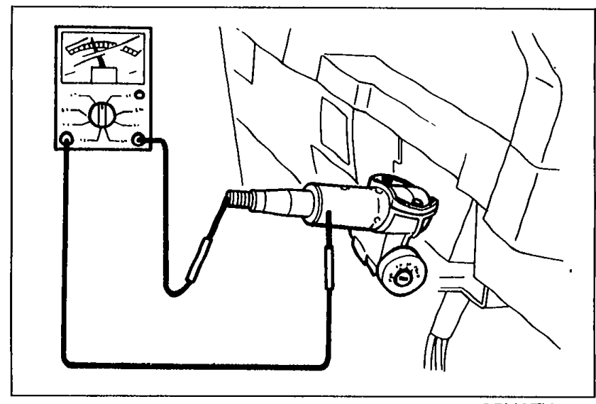 Photo of the steering column area with a multimeter being used to check continuity between the horn conductor plate and the serration gear part.