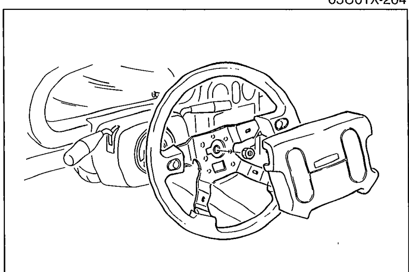 Photo of the steering wheel with the air bag module removed, showing the clock spring assembly behind it.