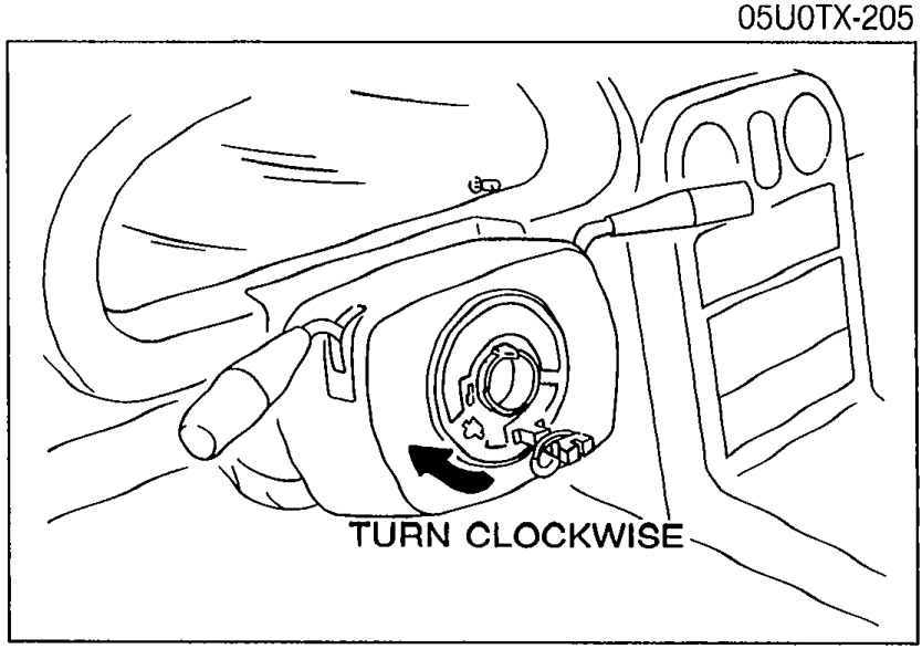Photo of the clock spring connector with an arrow indicating 'TURN CLOCKWISE' direction for resetting.