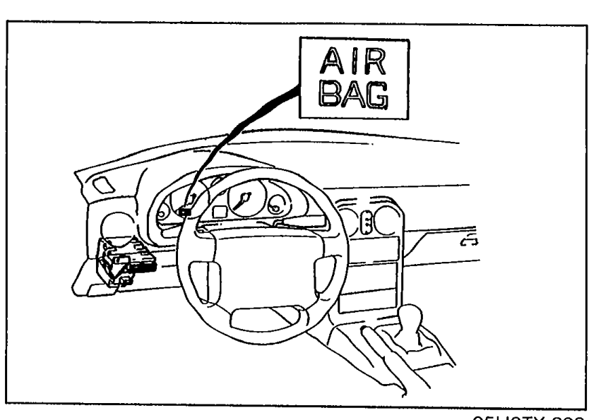 Photo of the dashboard / steering wheel area with an arrow pointing to the AIR BAG label at the steering wheel center hub.