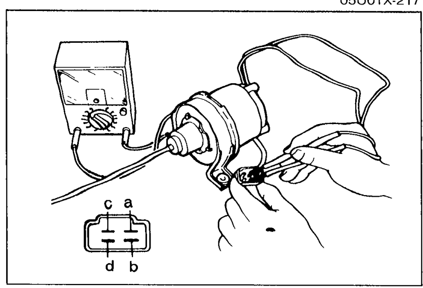 Illustration of cruise control actuator being inspected with an ohmmeter test lead, with a 4-terminal connector pinout showing 'c a' / 'd b' layout.