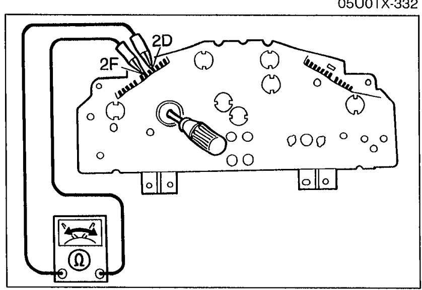 Illustration of cruise control actuator with battery and test wires applied to terminals, with the 4-terminal connector pinout 'c a' / 'd b'.
