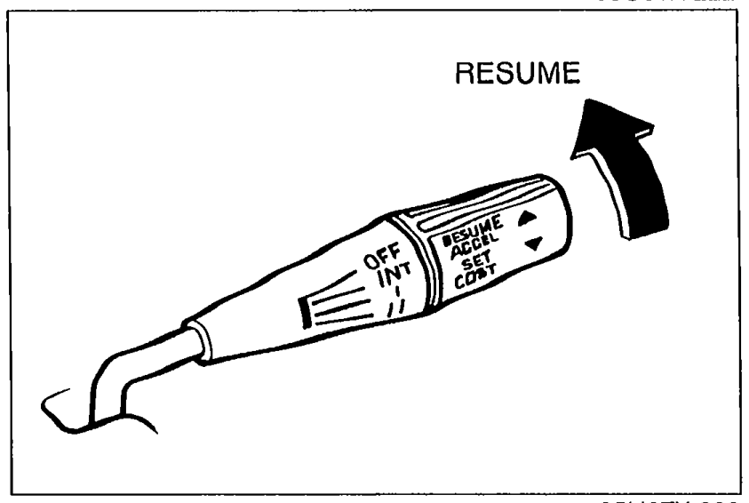 Illustration of the cruise control switch being moved to the RESUME position with an arrow indicating direction.