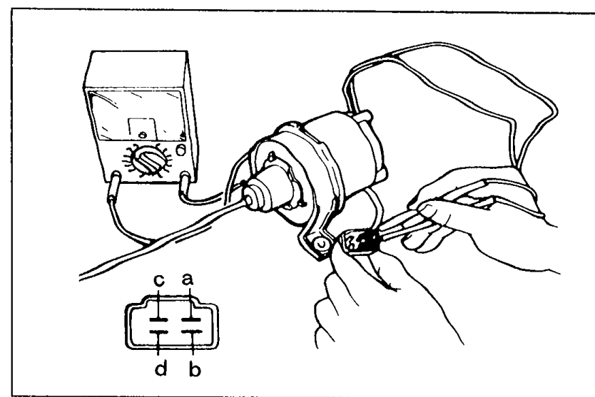 Illustration of cruise control actuator with ohmmeter test leads being applied to the connector, with a 4-pin connector diagram showing terminals 'c a' / 'd b'.