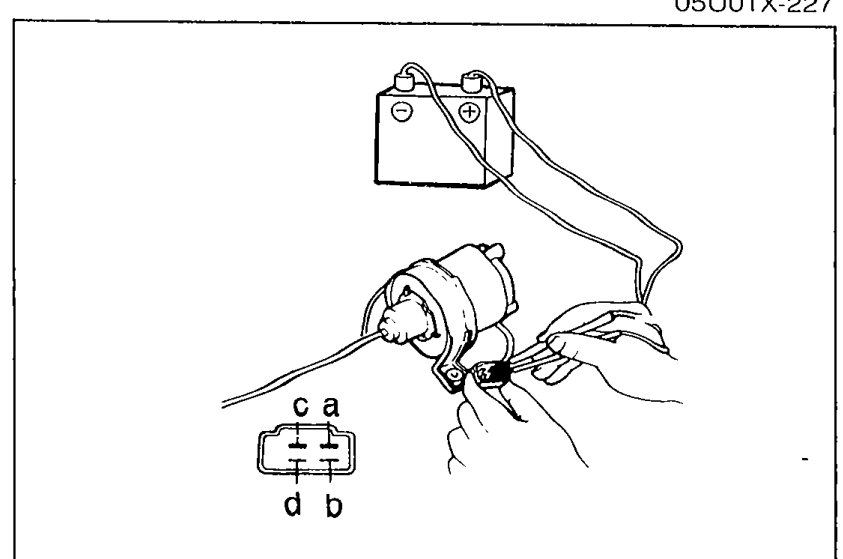 Illustration of actuator connected to a battery with test wires for 12V actuator operation test; connector pinout 'c a' / 'd b' shown.