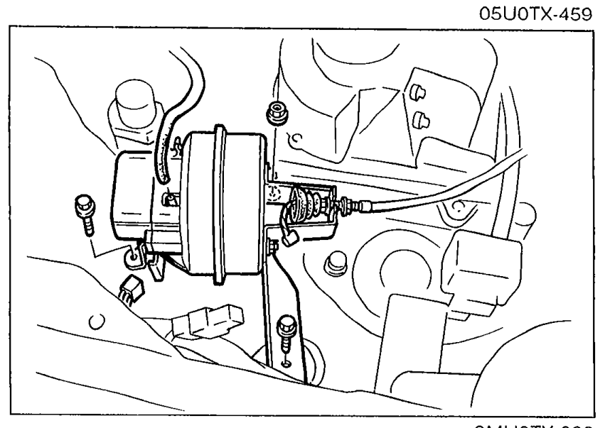 Engine compartment view showing the cruise control actuator location, with accelerator cable and vacuum hose connections visible.
