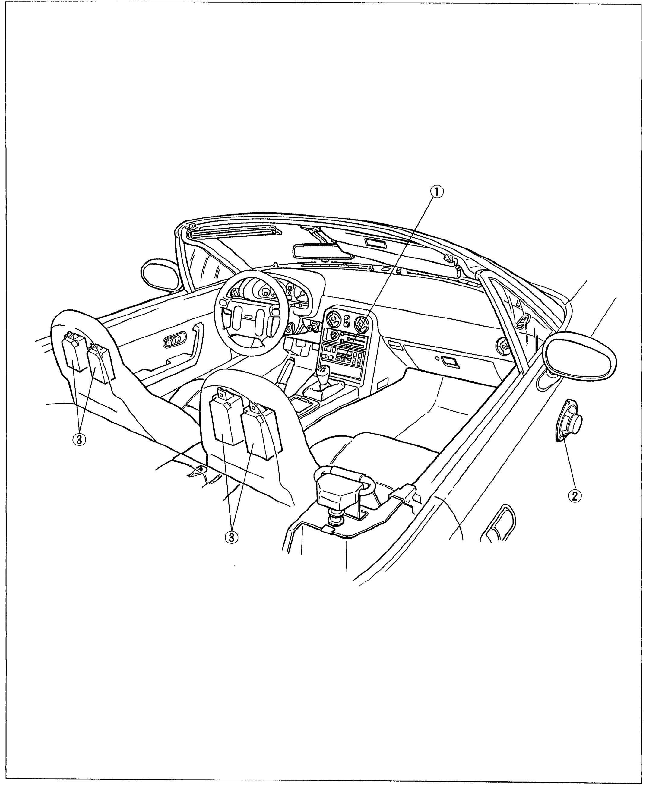 Structural view of the MX-5 Miata interior showing the audio system component locations. Callout 1 points to the audio unit in the center dashboard; callout 2 points to the door speakers (in the door panel); callout 3 points to the headrest speakers (in the seat headrests).