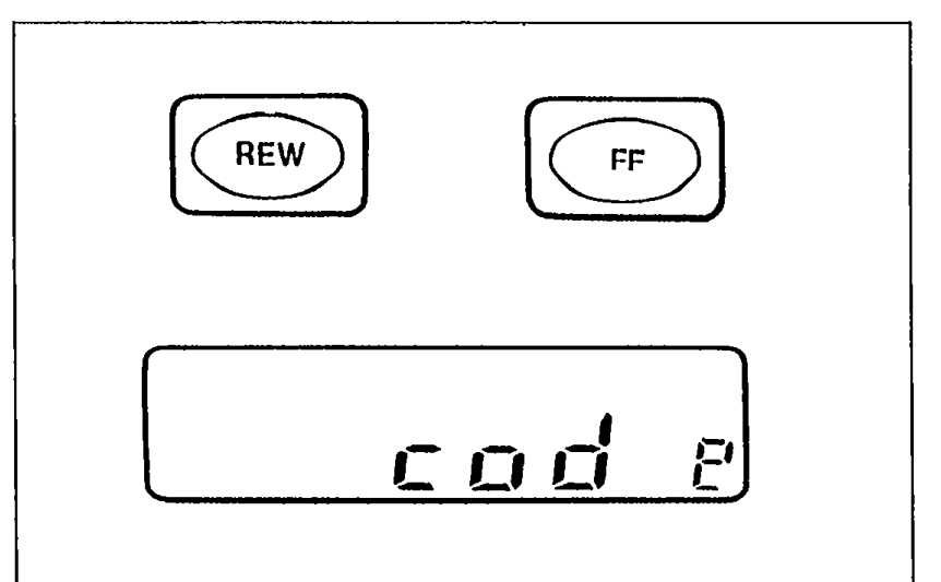 Audio unit display showing REW and FF buttons above a display reading 'cod E'. Illustrates pressing REW + FF simultaneously to show CODE prompt.