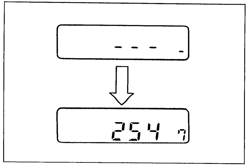 Two stacked audio display panels with a downward arrow between them: top reads '- - -', bottom reads '254 7'. Illustrates display transition from bars to entered code during cancellation procedure.