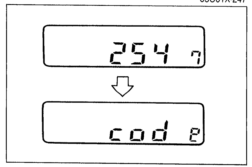 Two stacked displays with a downward arrow between them: top reads '254 7', bottom reads 'cod E'. Illustrates Step 3 — beep heard, CODE displayed then disappears indicating the system is operable.