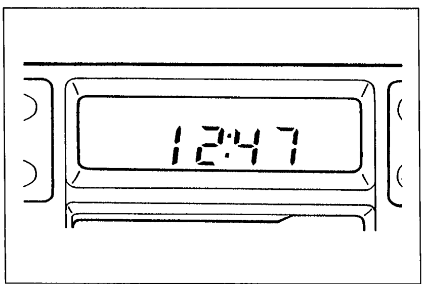 Audio unit display showing the clock reading '12:47'. Reference for Step 1 checking the display state at ignition ACC.