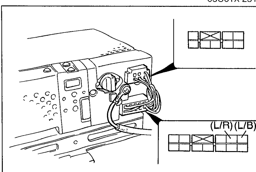 Audio unit rear connector view showing two connector blocks with labelled terminals (L/R) and (L/B). Reference for Step 3 voltage measurement at the audio unit connector.