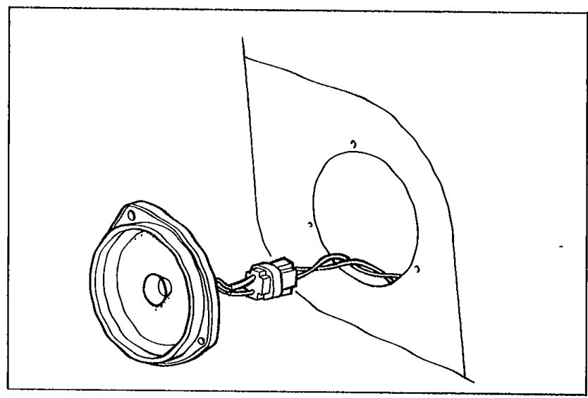 Illustration of a door panel with the speaker removed, showing the speaker assembly disconnected and held away from the door. Illustrates Step 5 - removing the door speaker cover and installation screws to access the speaker connector.